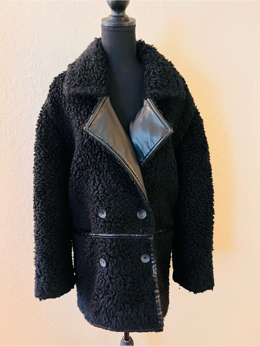 Women's Black Teddy Coat with Faux Leather Trim